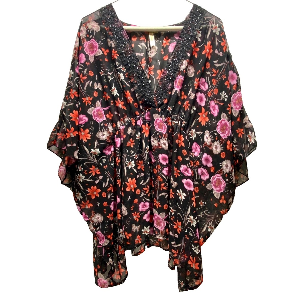 Chenault Popover Top Women's Medium Pink Floral Flowy Cover Up Semi Sheer USA